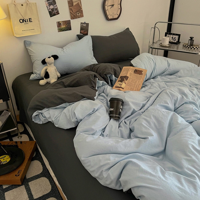 91家纺网 家纺一手货源 找家纺 耀达家居 2025新款纯色A类水洗棉双拼四件套 海盐蓝灰