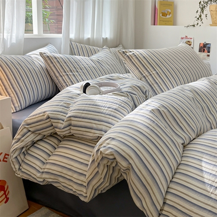 盛秋家纺 2025新款亲肤格子水洗棉条纹格子四件套【简约风】灰苏条+蓝灰