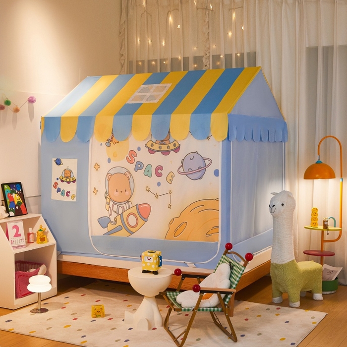 91家纺网 家纺一手货源 找家纺 卓尔居2025新款儿童小房子坐床式防摔蚊帐螺纹碳素钢支架梦幻 梦幻星屋-蓝