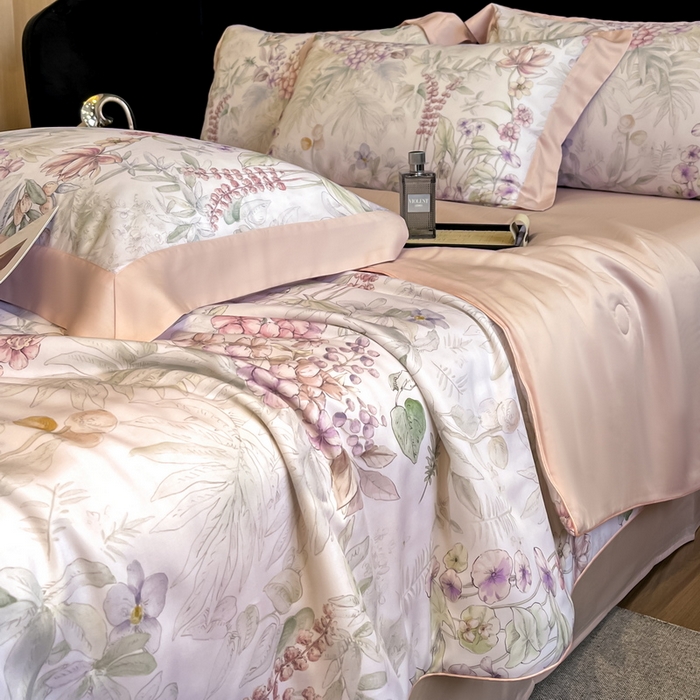 91家纺网 家纺一手货源 找家纺 2025春夏新款简奢款嵌绳莱赛尔数码印花夏被四件套单夏被床笠床单款 繁花枝恋