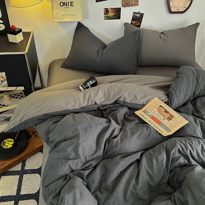 91家纺网 家纺一手货源 找家纺 耀达家居 2025新款纯色A类水洗棉双拼四件套 经典灰