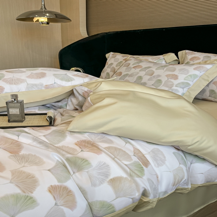 91家纺网 家纺一手货源 找家纺 2025春夏新款简奢款嵌绳莱赛尔数码印花四件套单夏被床笠床单款 林间蜜杏