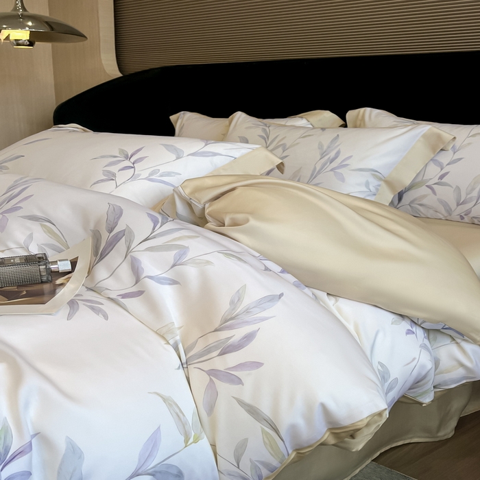 91家纺网 家纺一手货源 找家纺 2025春夏新款简奢款嵌绳莱赛尔数码印花四件套单夏被床笠床单款 春晓雨梦