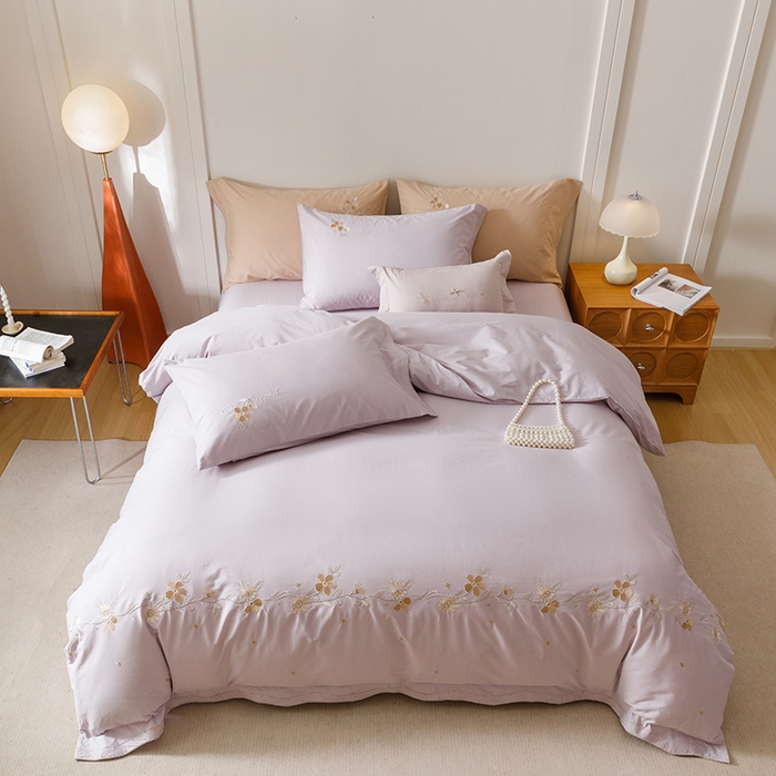 91家纺网 家纺一手货源 找家纺 艾莱家纺 2025新款A类水洗棉加厚绣花四件套-栀夏 栀夏-青叶紫