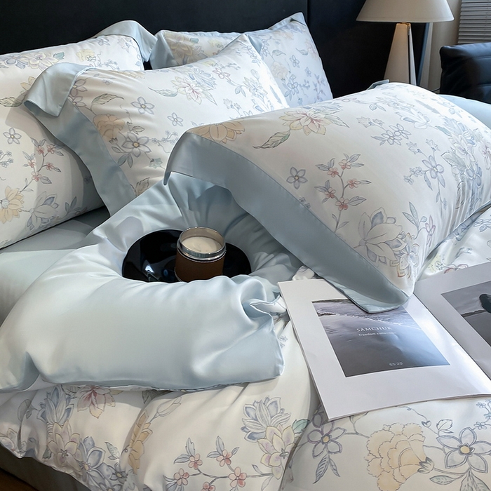 91家纺网 家纺一手货源 找家纺 （总）2025春夏新款简奢款嵌绳莱赛尔数码印花四件套单夏被床笠床单款