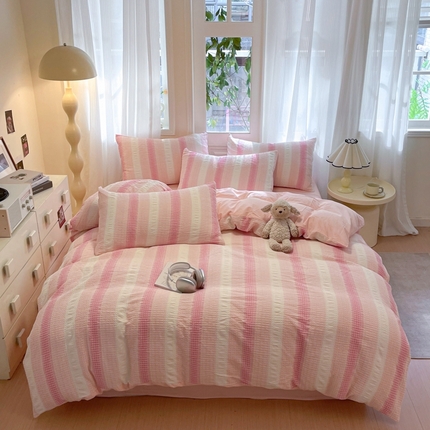 莱茵家居 2025春夏新款A类色织华夫格提花全棉四件套 泛歌-粉白条