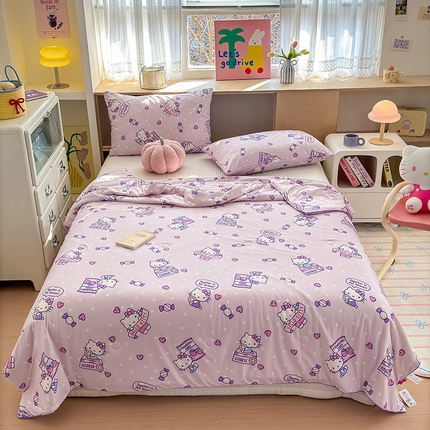 91家纺网 家纺一手货源 找家纺 木堇家居 2025三丽鸥针织棉麻绳大豆夏被 紫色kt猫