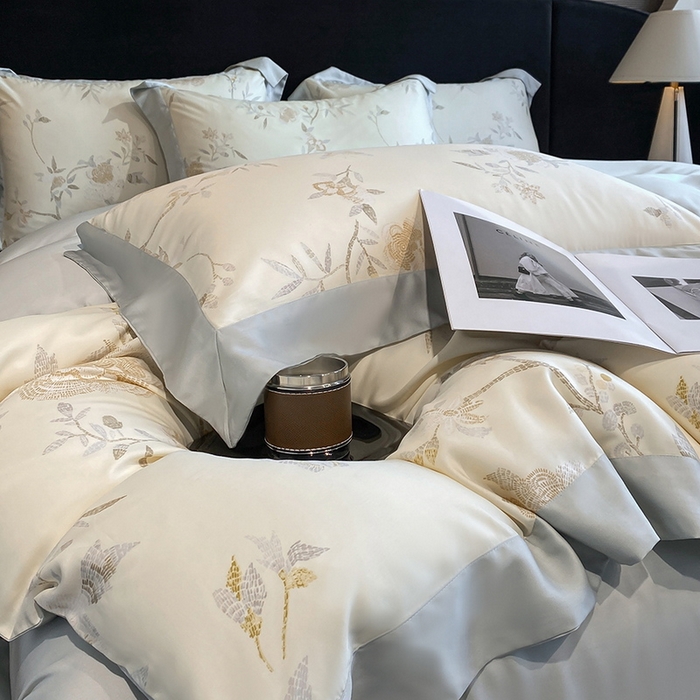 91家纺网 家纺一手货源 找家纺 2025春夏新款简奢款嵌绳莱赛尔数码印花四件套单夏被床笠床单款 妍艺 黄