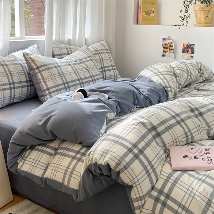 91家纺网 家纺一手货源 找家纺 盛秋家纺 2025新款亲肤格子水洗棉条纹格子四件套【简约风】蓝调+海清