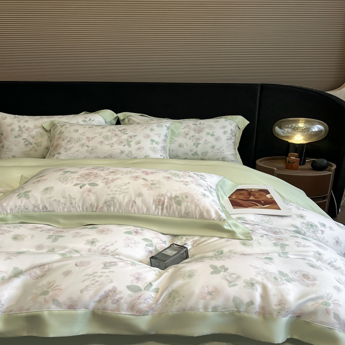 91家纺网 家纺一手货源 找家纺 2025春夏新款简奢款嵌绳莱赛尔数码印花四件套单夏被床笠床单款 念池-绿