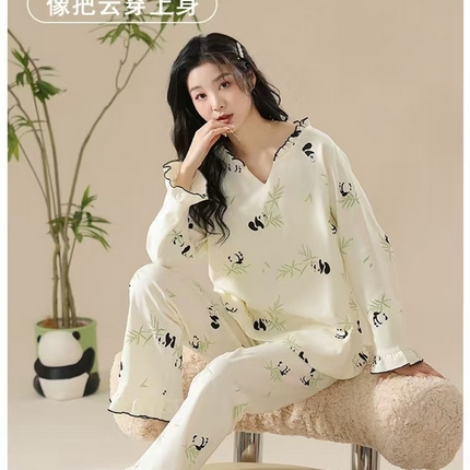 （总）洛兰沙家居馆【只代发】【只代发】 【7A抑菌】睡衣女款春秋季纯棉长袖娃娃装休闲熊猫全棉家居服