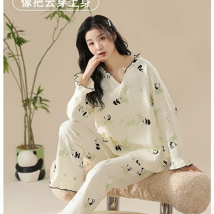 91家纺网 家纺一手货源 找家纺 （总）洛兰沙家居馆【只代发】【只代发】 【7A抑菌】睡衣女款春秋季纯棉长袖娃娃装休闲熊猫全棉家居服