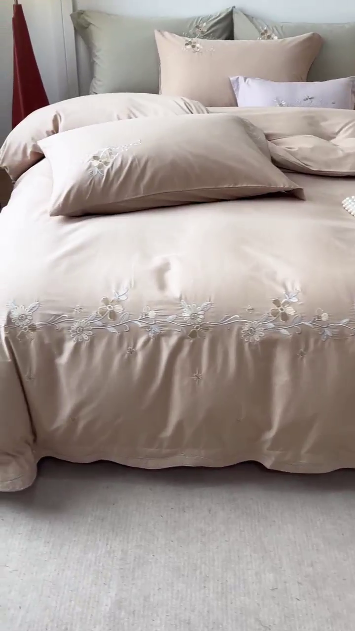 91家纺网 家纺一手货源 找家纺 艾莱家纺 2025新款A类水洗棉加厚绣花四件套-栀夏 栀夏-格林棕