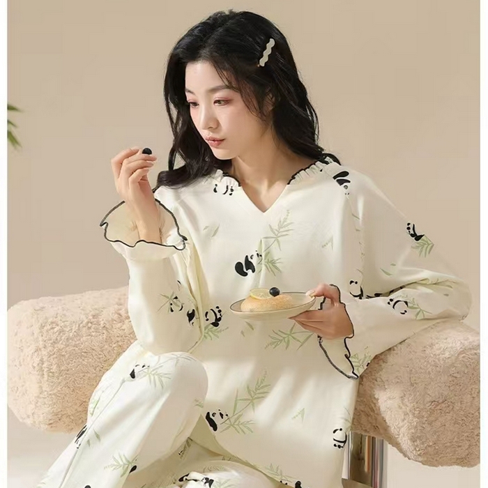 91家纺网 家纺一手货源 找家纺 （总）洛兰沙家居馆【只代发】【只代发】 【7A抑菌】睡衣女款春秋季纯棉长袖娃娃装休闲熊猫全棉家居服