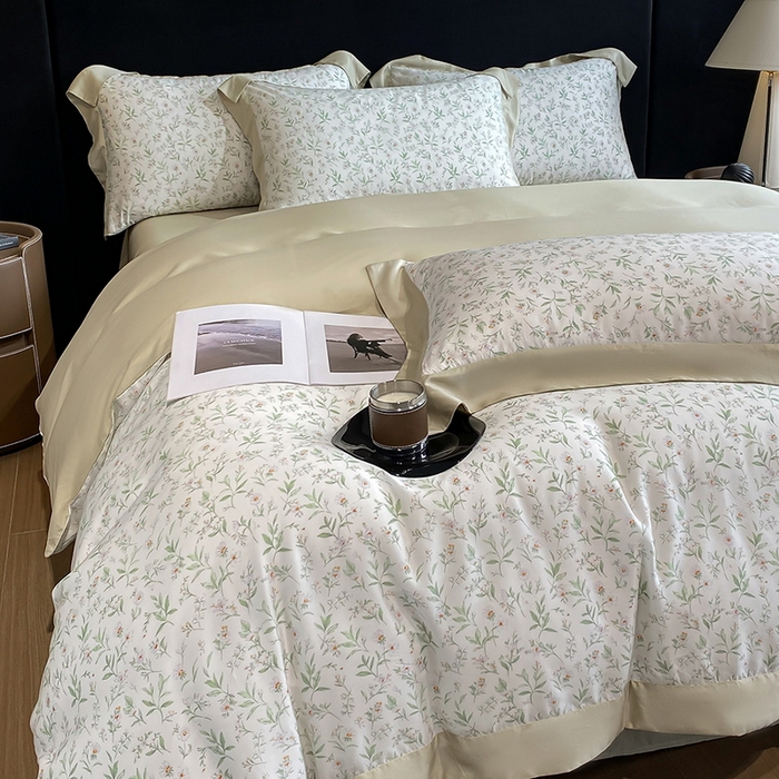 91家纺网 家纺一手货源 找家纺 2025春夏新款简奢款嵌绳莱赛尔数码印花四件套单夏被床笠床单款 漫语佳人 米