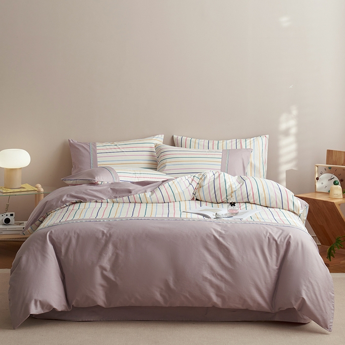 91家纺网 家纺一手货源 找家纺 安莱生活 2025新款全棉日式侘寂风条格系列四件套 浅叙