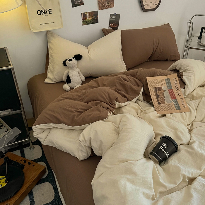 91家纺网 家纺一手货源 找家纺 耀达家居 2025新款纯色A类水洗棉双拼四件套 燕麦可可