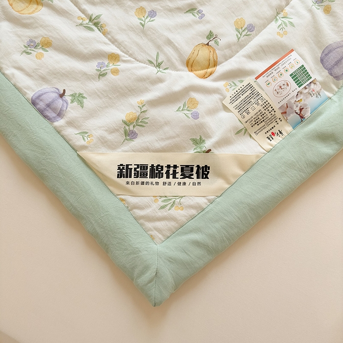 91家纺网 家纺一手货源 找家纺  2025新款A类新疆棉花夏凉被加宽包边水洗棉卡通印花吸湿透气棉花夏被空调被 凌香 南瓜