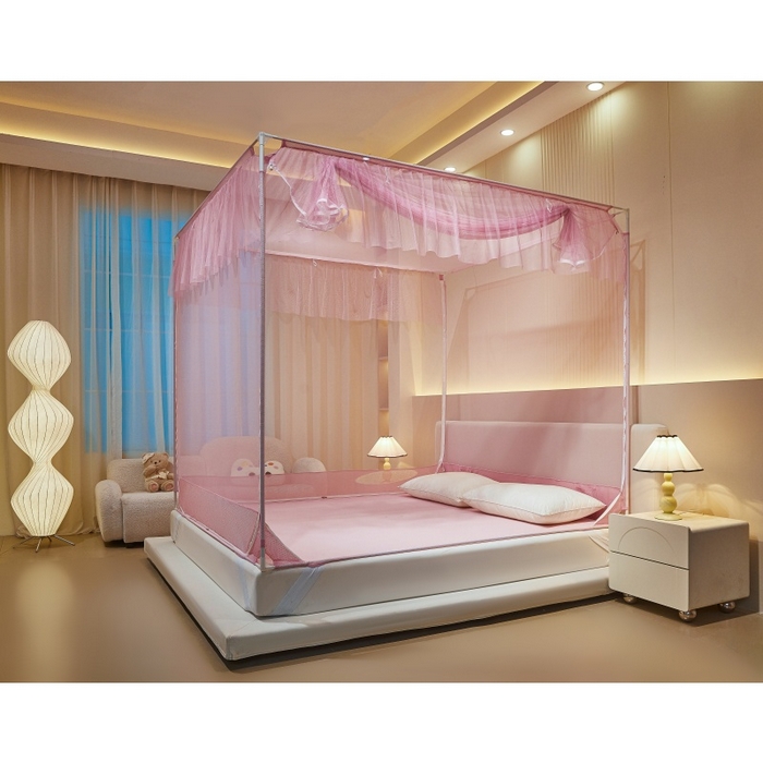 91家纺网 家纺一手货源 找家纺 卓尔居2025新款A类防蚊绗绣编织防摔坐床蚊帐 夏至-粉