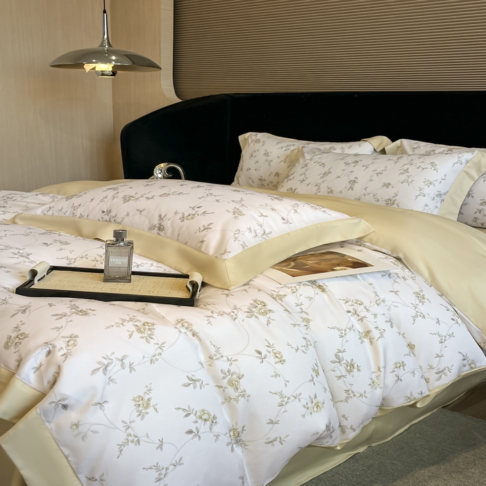 91家纺网 家纺一手货源 找家纺 2025春夏新款简奢款嵌绳莱赛尔数码印花四件套单夏被床笠床单款 云芷