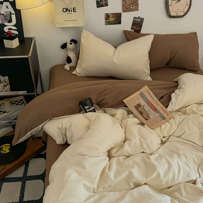 91家纺网 家纺一手货源 找家纺 耀达家居 2025新款纯色A类水洗棉双拼四件套 燕麦可可