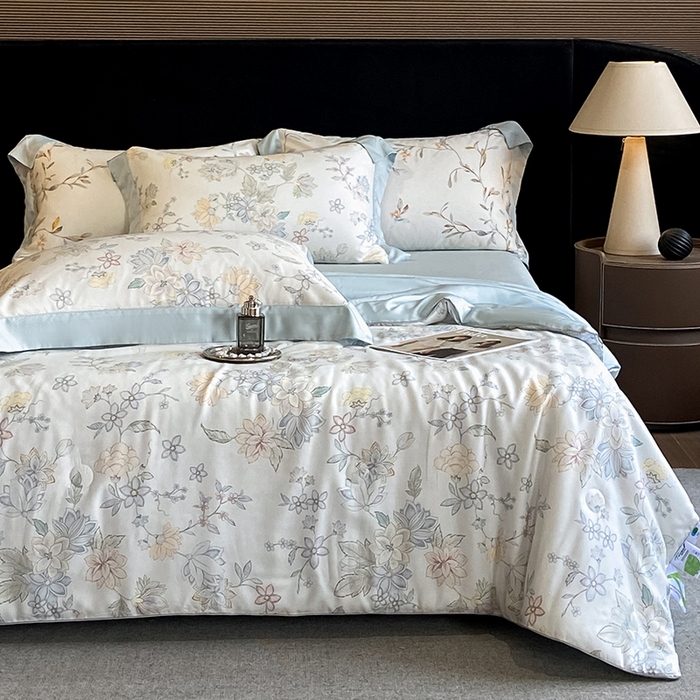 91家纺网 家纺一手货源 找家纺 2025春夏新款简奢款嵌绳莱赛尔数码印花夏被四件套单夏被床笠床单款 春日蜜糖 兰 