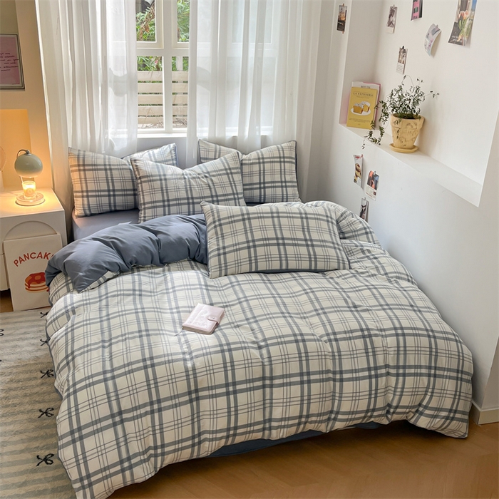 91家纺网 家纺一手货源 找家纺 盛秋家纺 2025新款亲肤格子水洗棉条纹格子四件套【简约风】蓝调+海清