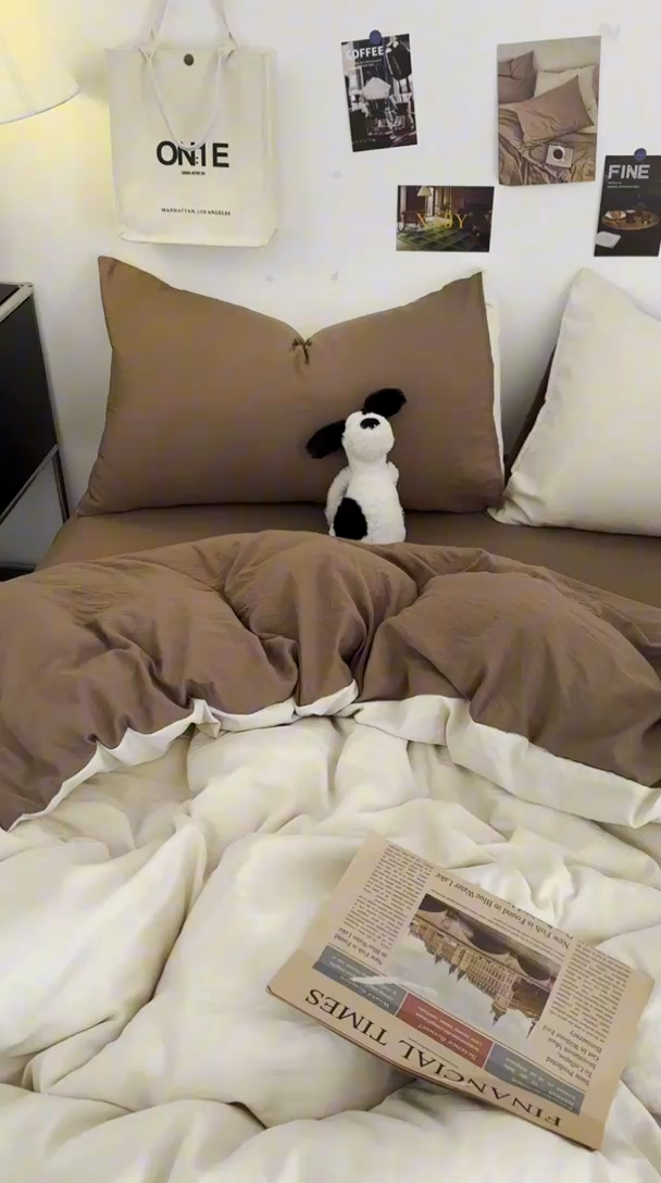 91家纺网 家纺一手货源 找家纺 耀达家居 2025新款纯色A类水洗棉双拼四件套 燕麦可可