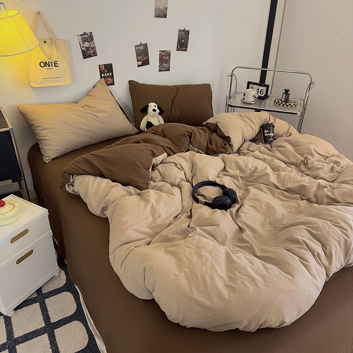 91家纺网 家纺一手货源 找家纺 耀达家居 2025新款纯色A类水洗棉双拼四件套 奶茶可可