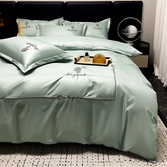 91家纺网 家纺一手货源 找家纺 2025春夏新款春夏新品水洗天丝棉轻奢刺绣四件套-芸伊 绿