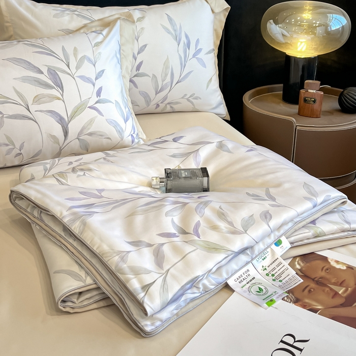 91家纺网 家纺一手货源 找家纺 2025春夏新款简奢款嵌绳莱赛尔数码印花夏被四件套单夏被床笠床单款 春晓雨梦