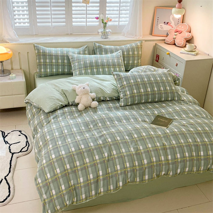 91家纺网 家纺一手货源 找家纺 盛秋家纺 2025新款亲肤格子水洗棉条纹格子四件套【简约风】伯曼+灰绿