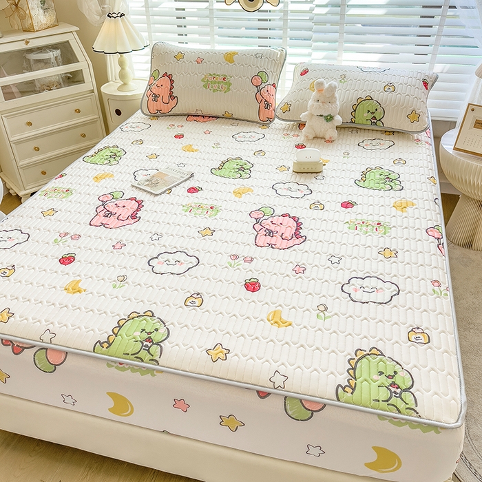 91家纺网 家纺一手货源 找家纺 世纪绒品 2026新款印花卡通床笠款乳胶凉席 小恐龙