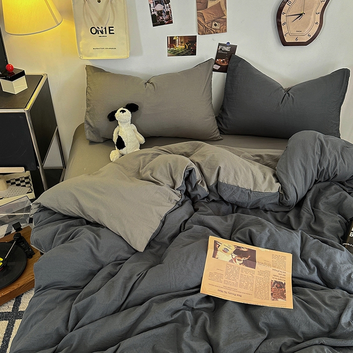 91家纺网 家纺一手货源 找家纺 耀达家居 2025新款纯色A类水洗棉双拼四件套 经典灰