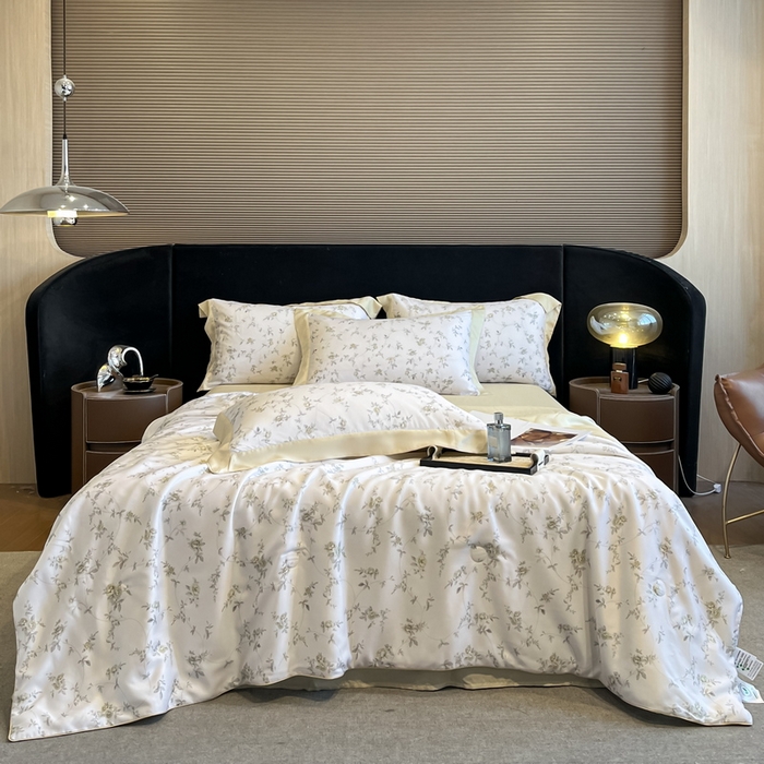 91家纺网 家纺一手货源 找家纺 2025春夏新款简奢款嵌绳莱赛尔数码印花夏被四件套单夏被床笠床单款 云芷