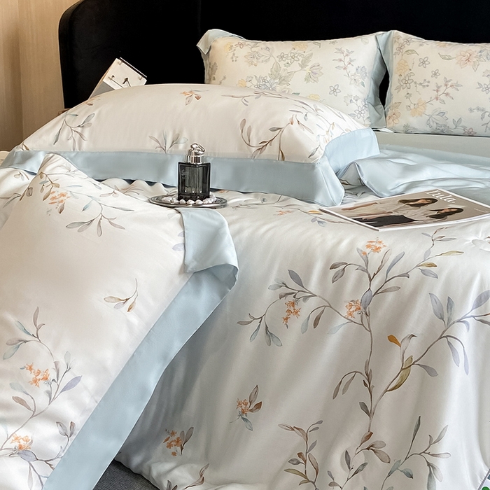 91家纺网 家纺一手货源 找家纺 2025春夏新款简奢款嵌绳莱赛尔数码印花夏被四件套单夏被床笠床单款 清雅 