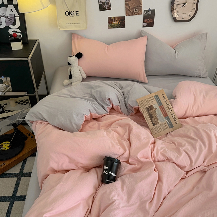 91家纺网 家纺一手货源 找家纺 耀达家居 2025新款纯色A类水洗棉双拼四件套 芭蕾灰粉