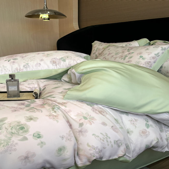 91家纺网 家纺一手货源 找家纺 2025春夏新款简奢款嵌绳莱赛尔数码印花四件套单夏被床笠床单款 念池-绿