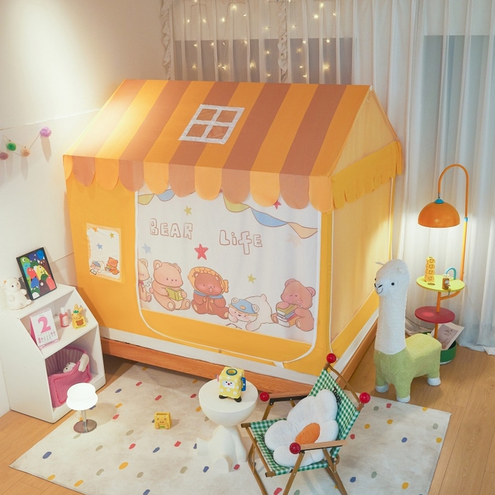 91家纺网 家纺一手货源 找家纺 卓尔居2025新款儿童小房子坐床式防摔蚊帐螺纹碳素钢支架梦幻 梦幻星屋-橘