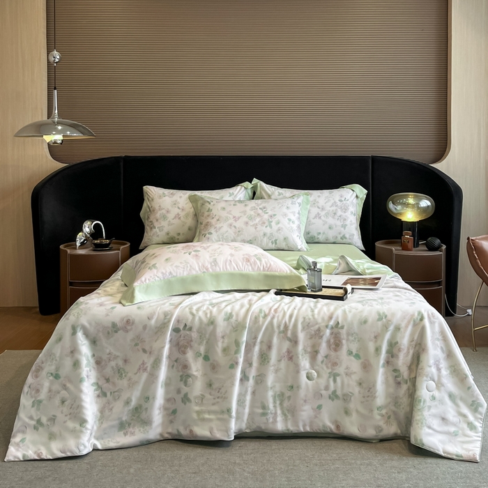 91家纺网 家纺一手货源 找家纺 2025春夏新款简奢款嵌绳莱赛尔数码印花夏被四件套单夏被床笠床单款 念池-绿