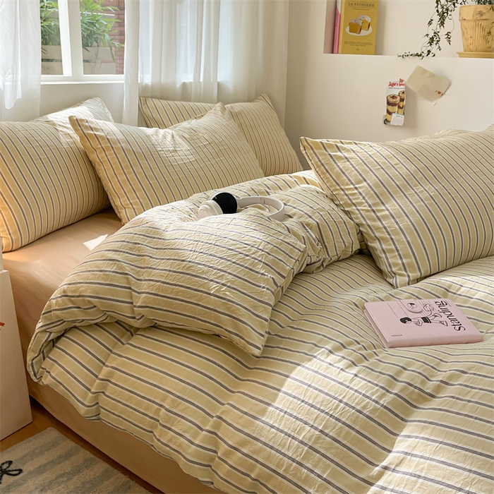 91家纺网 家纺一手货源 找家纺 盛秋家纺 2025新款亲肤格子水洗棉条纹格子四件套【简约风】泡芙黄+奶茶