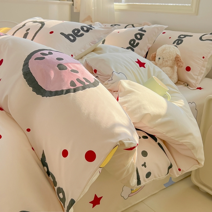 91家纺网 家纺一手货源 找家纺 梦卓家纺 2025新款亲肤芦荟棉单被套 爱心熊