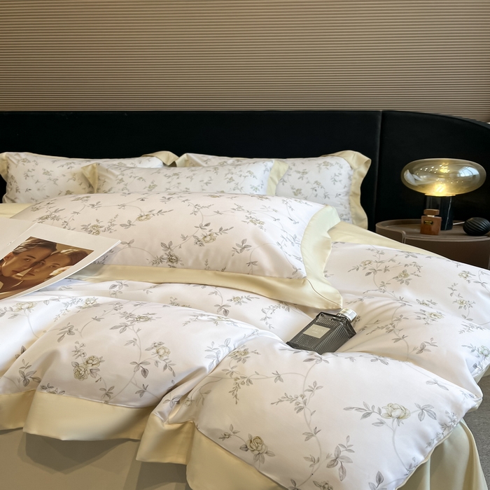 91家纺网 家纺一手货源 找家纺 2025春夏新款简奢款嵌绳莱赛尔数码印花四件套单夏被床笠床单款 云芷