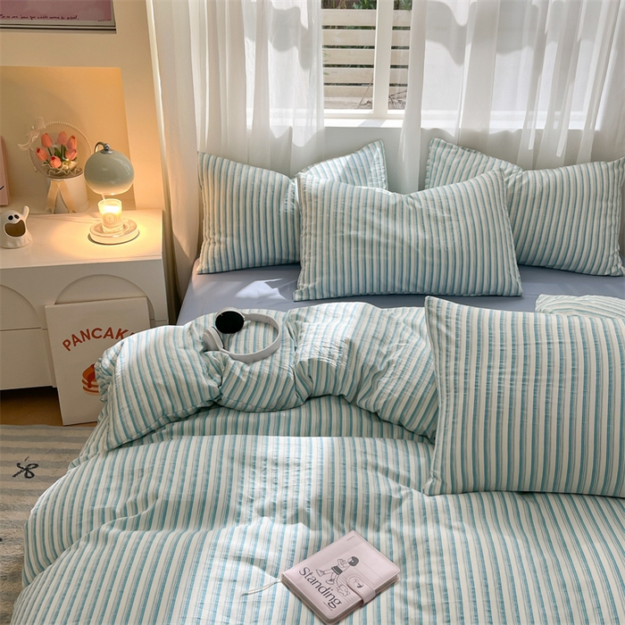 91家纺网 家纺一手货源 找家纺 盛秋家纺 2025新款亲肤格子水洗棉条纹格子四件套【简约风】莫拉绿+海清