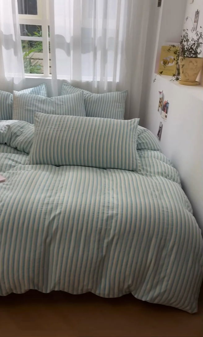 91家纺网 家纺一手货源 找家纺 盛秋家纺 2025新款亲肤格子水洗棉条纹格子四件套【简约风】莫拉绿+海清