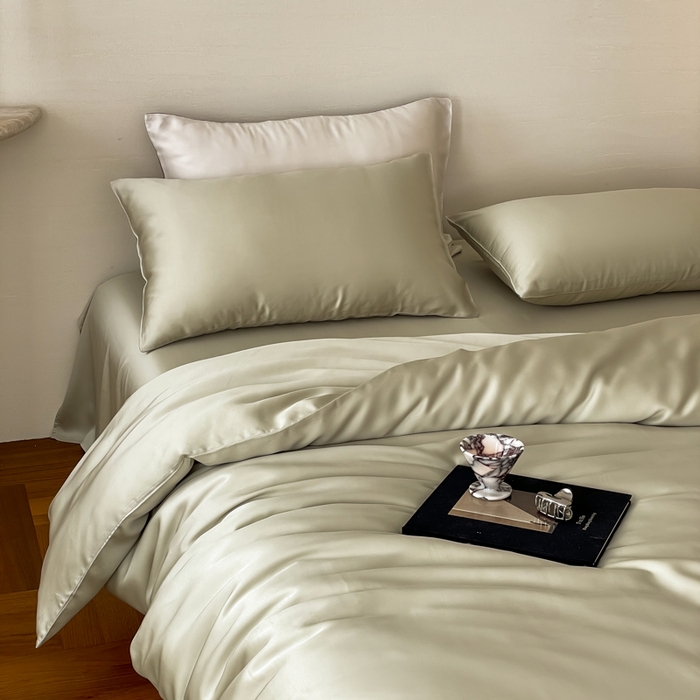 91家纺网 家纺一手货源 找家纺 沐晴家纺 2025春夏新款纯色兰精天丝四件套双拼单被套单床笠床单枕套烟轻绿