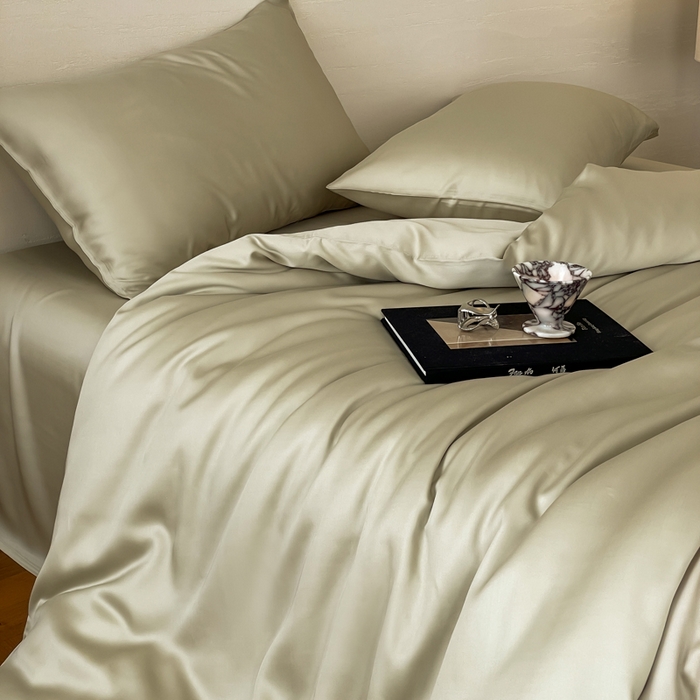 91家纺网 家纺一手货源 找家纺 沐晴家纺 2025春夏新款纯色兰精天丝四件套双拼单被套单床笠床单枕套烟轻绿