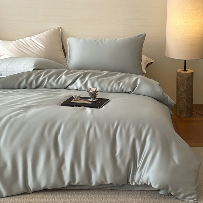 91家纺网 家纺一手货源 找家纺 沐晴家纺 2025春夏新款纯色兰精天丝四件套双拼单被套单床笠床单枕套云纱灰