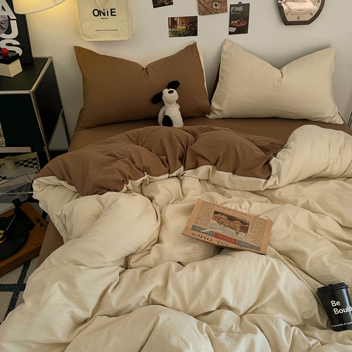 91家纺网 家纺一手货源 找家纺 耀达家居 2025新款纯色A类水洗棉双拼四件套 燕麦可可