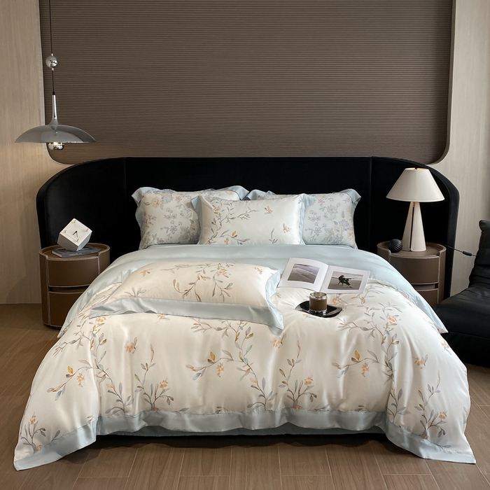 91家纺网 家纺一手货源 找家纺 2025春夏新款简奢款嵌绳莱赛尔数码印花四件套单夏被床笠床单款 清雅 